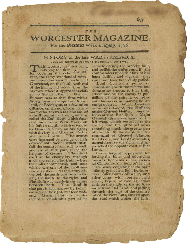 Item #List3855 The Worcester Magazine (May 1786). Confederation Era &ndash; Newspapers, Authors, Isaiah Thomas.