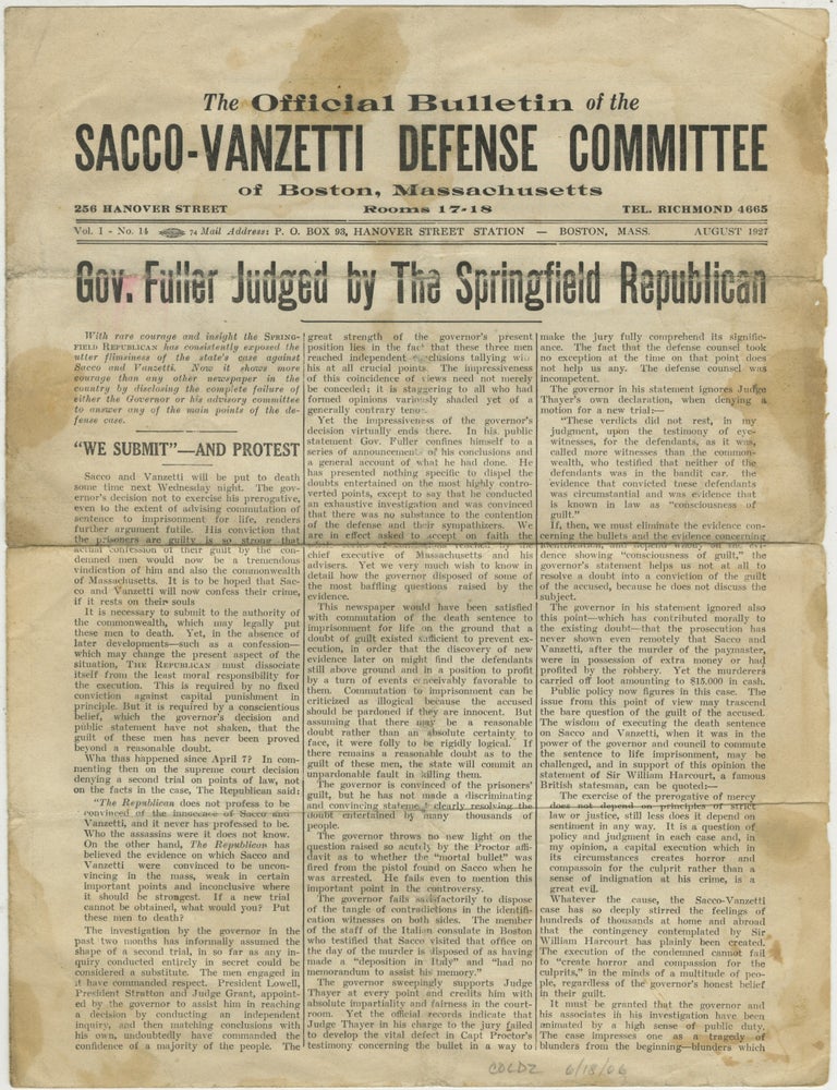 Item #List3893 The Official Bulletin of the Sacco-Vanzetti Defense Committee of Boston, Massachusetts. [August 1927 Issue]. Massachusetts &ndash; Sacco, Vanzetti &ndash; Red Scare.