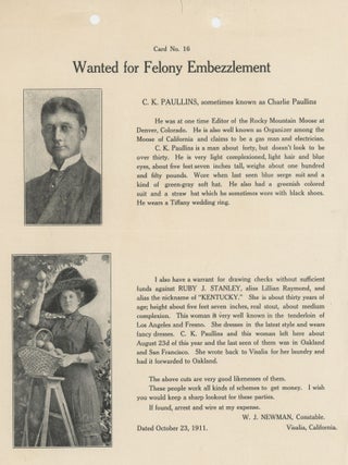 Item #List812 Card No. 16: Wanted for Felony Embezzlement. Crime, California