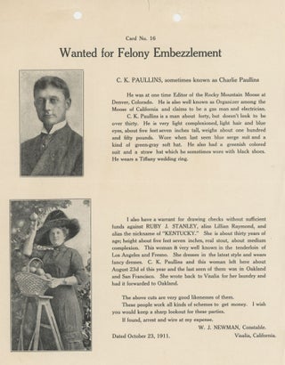 Item #List812 Card No. 16: Wanted for Felony Embezzlement. Crime, California